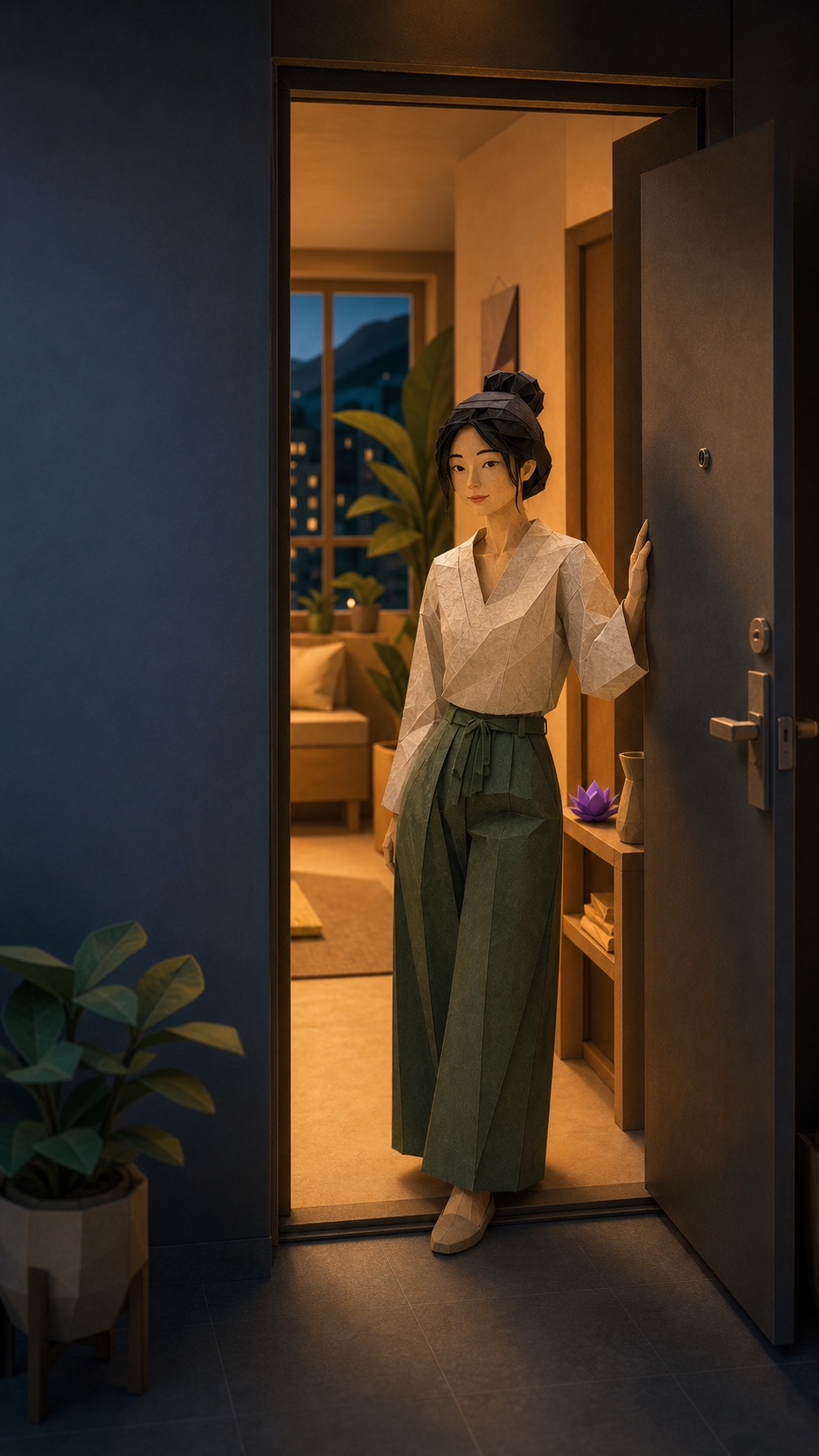 Lila arriving home at night, rendered as a handcrafted paper character